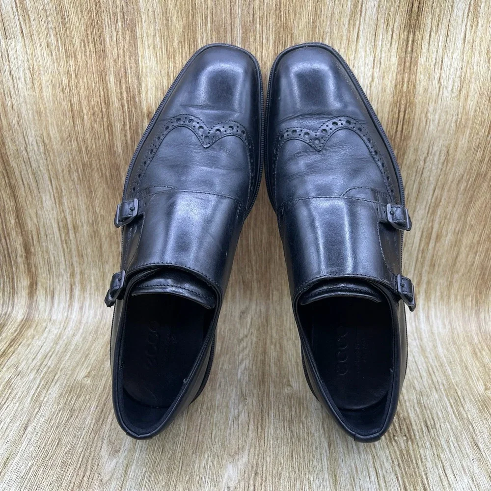 ECCO Double Monk Strap Shoes Men's 8.5 Black Leather Wingtip Brogue Shock Point